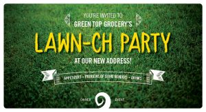 postcard invite to the event. Green grass background with text 'Lawn-ch party'