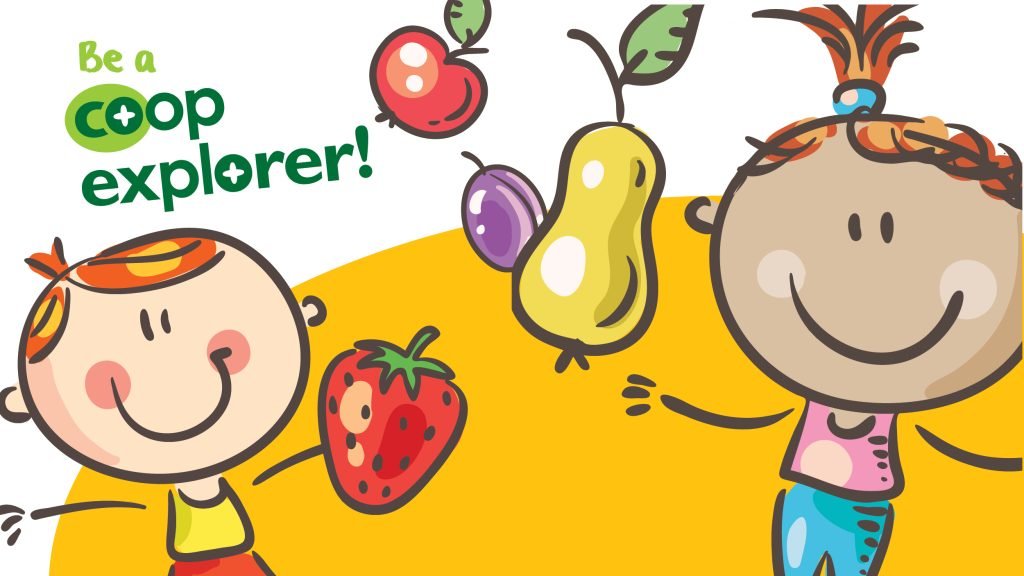 cartoon image of two children with fruit, text 'Be a co-op explorer'