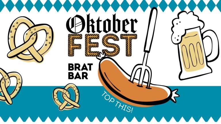 illustration in blue and white with bratwurst on a fork, pretzels, stein of beer. Text: Oktoberfest Brat Bar